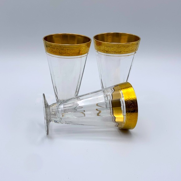 Vintage 40s Tiffin Franciscan Crystal Minton Gilt Etched Footed Drinking Glasses - Picture 6 of 13